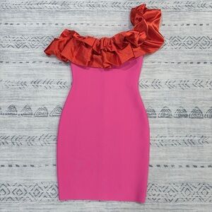 Stunning Bold Fuchsia One Shoulder Bodycon Party Dress Ruffled Satin Small